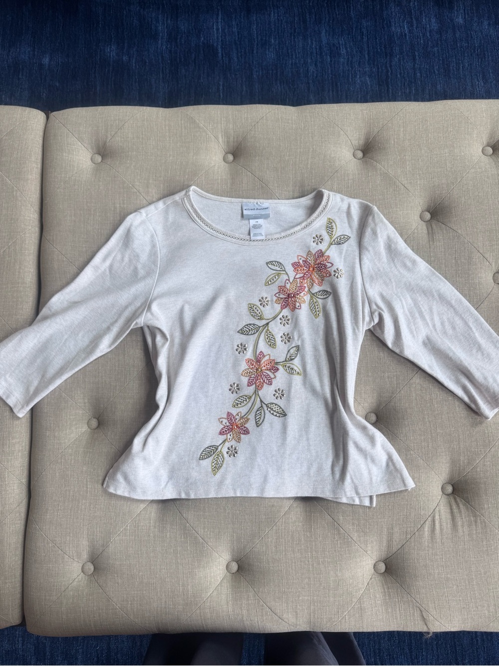 Alfred Dunner Cream Long Sleeve Tee with Pink Floral Embroidery